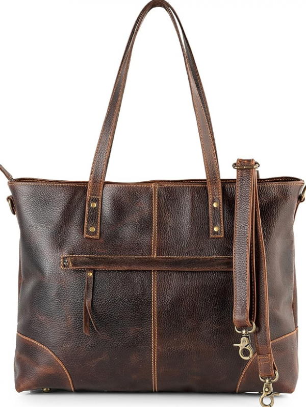 Tas tote dengan tampilan kulit asli dan aksen klasik